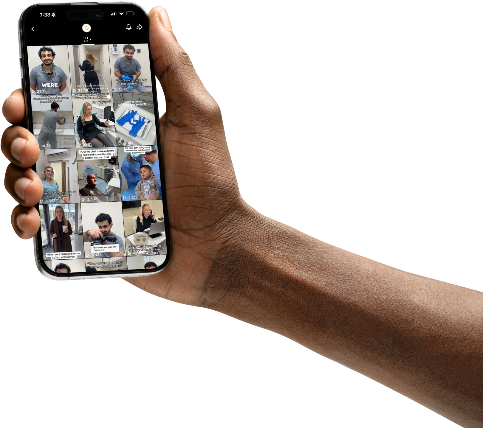 Portfolio preview showing a grid of dental team videos, relatable practice moments and short-form content on a phone